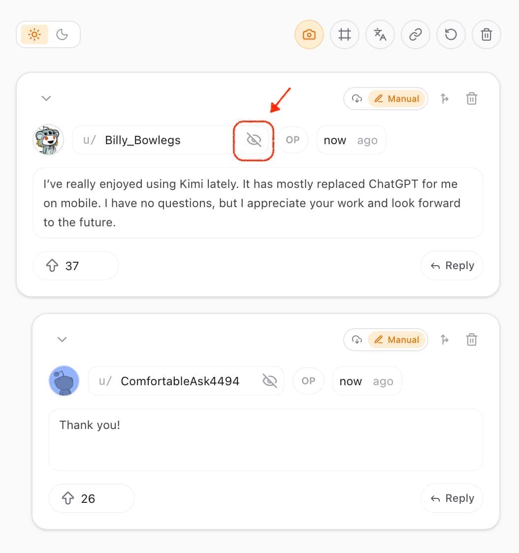 Blur username toggle in the Reddit editor.