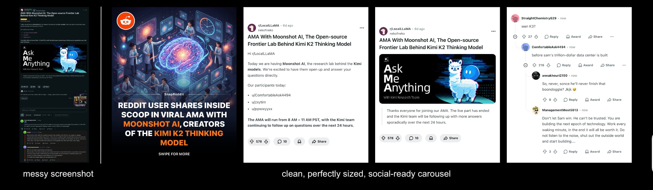 Image: OP + comments displayed as clean editable blocks in SnapReddit interface